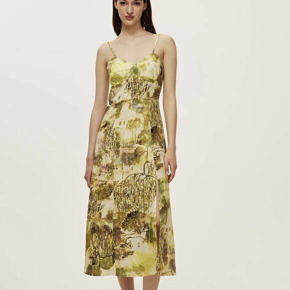 Zara Corset Top Midi Dress Green Abstract Print Sleeveless Side Slit Size L - Picture 1 of 11